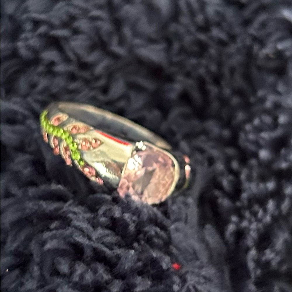 Elegant Sterling Silver Rose vine W/Pink & Light Green Crystal Women's Ring